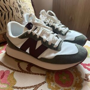 New Balance White and Olive Athletic Shoes